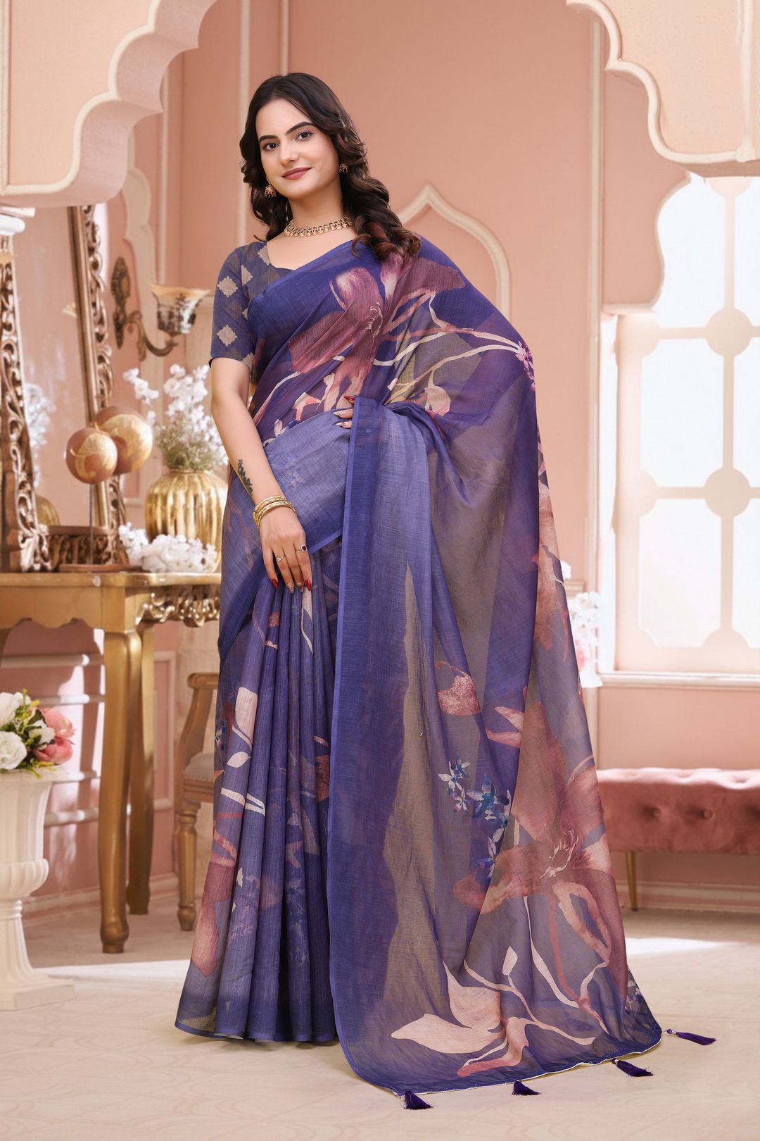 Lavender Floral Linen Cotton Saree with Blouse Online