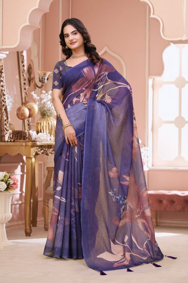Lavender Floral Linen Cotton Saree with Blouse Online