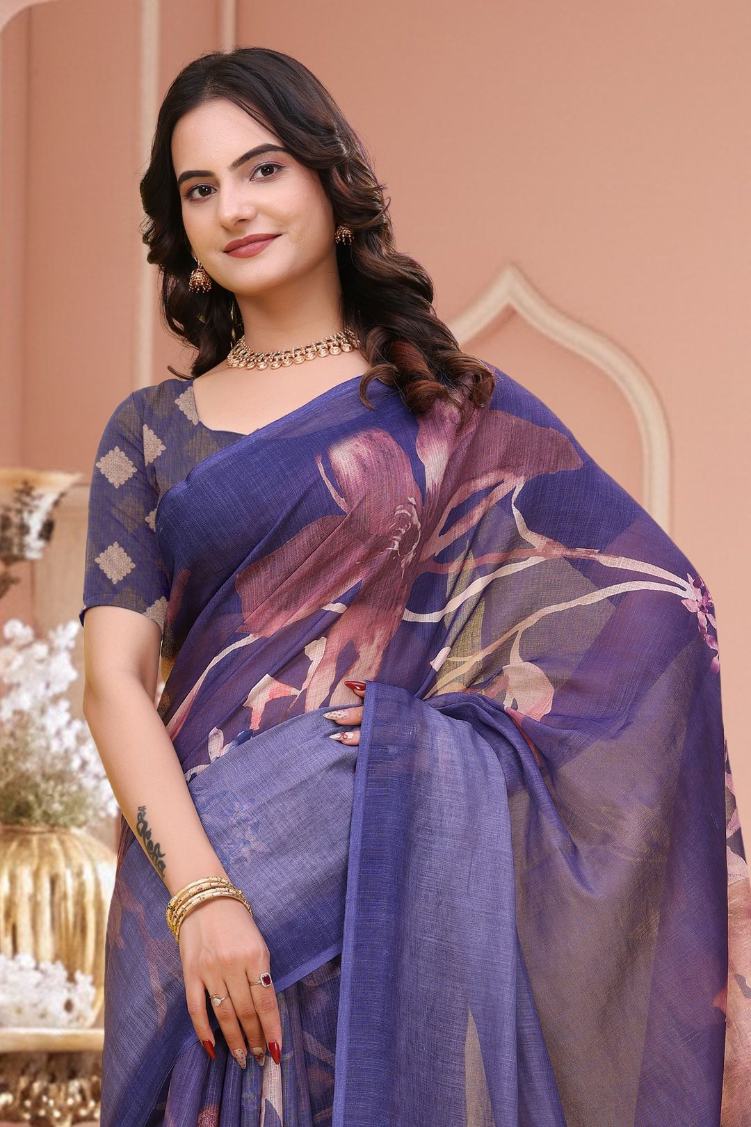 Lavender Floral Linen Cotton Saree with Blouse Online