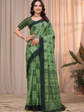 Olive Green Linen Cotton Printed Saree with Dark Border