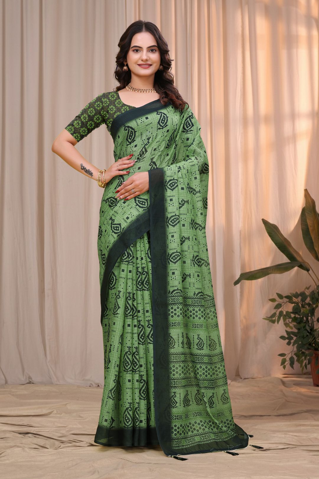 Olive Green Linen Cotton Printed Saree with Dark Border