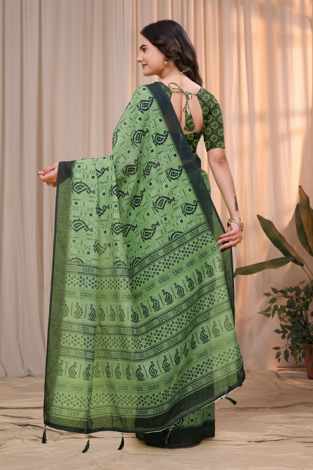 Olive Green Linen Cotton Printed Saree with Dark Border