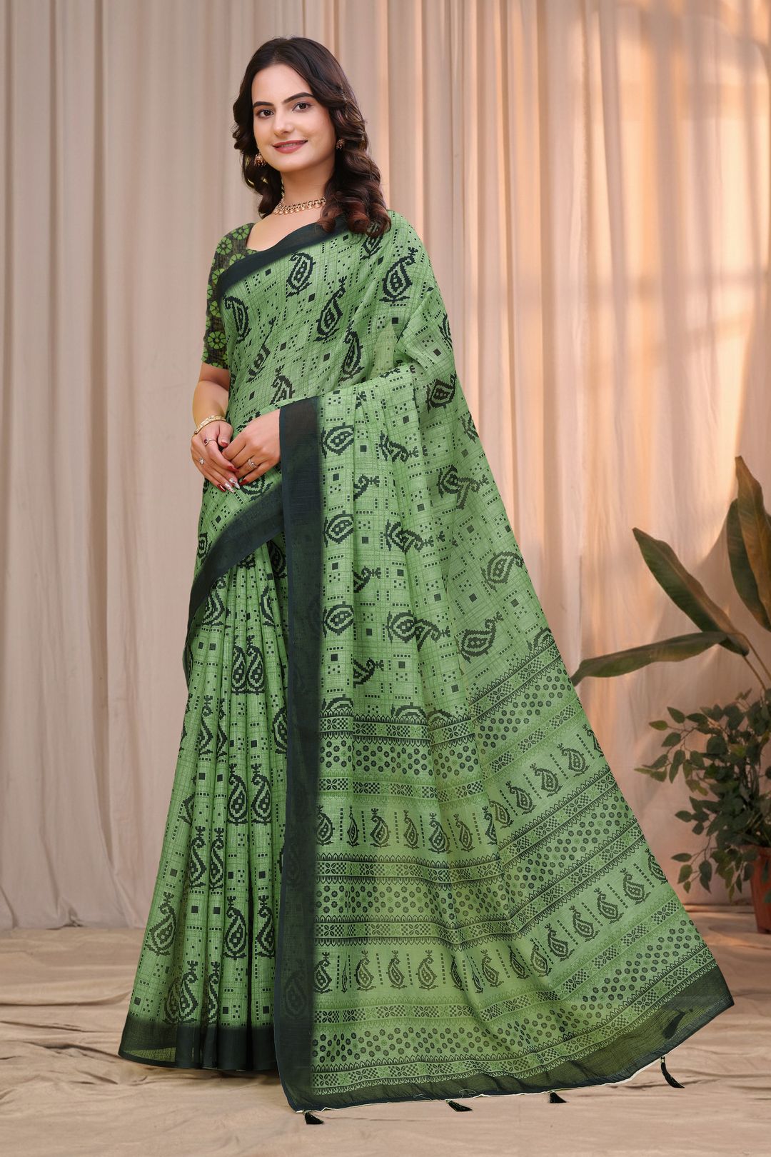Olive Green Linen Cotton Printed Saree with Dark Border