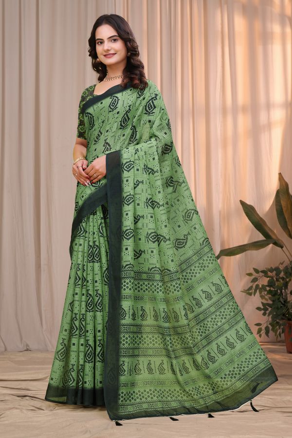 Olive Green Linen Cotton Printed Saree with Dark Border
