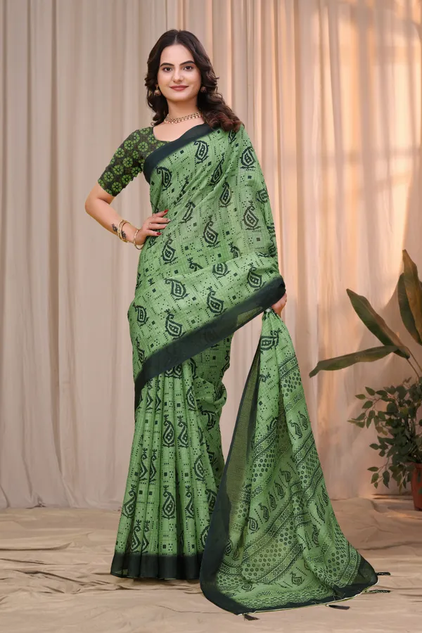 Olive Green Linen Cotton Printed Saree with Dark Border