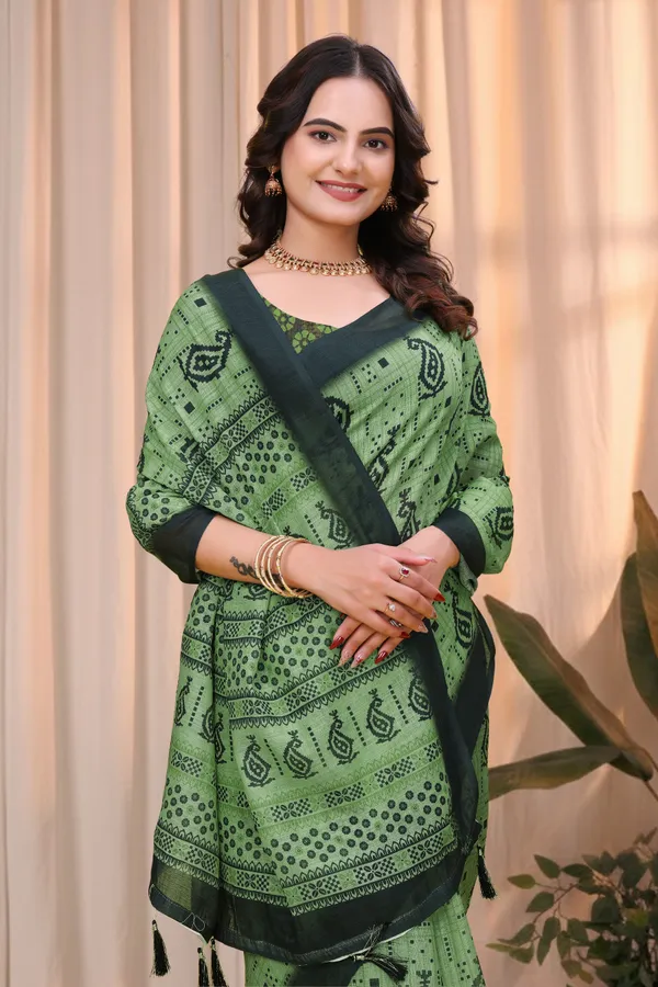 Olive Green Linen Cotton Printed Saree with Dark Border