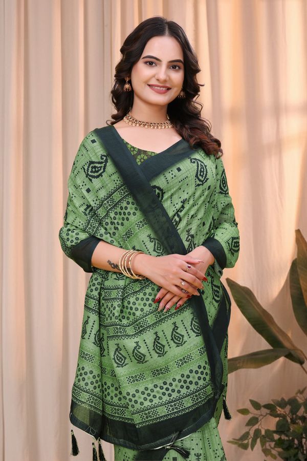 Olive Green Linen Cotton Printed Saree with Dark Border