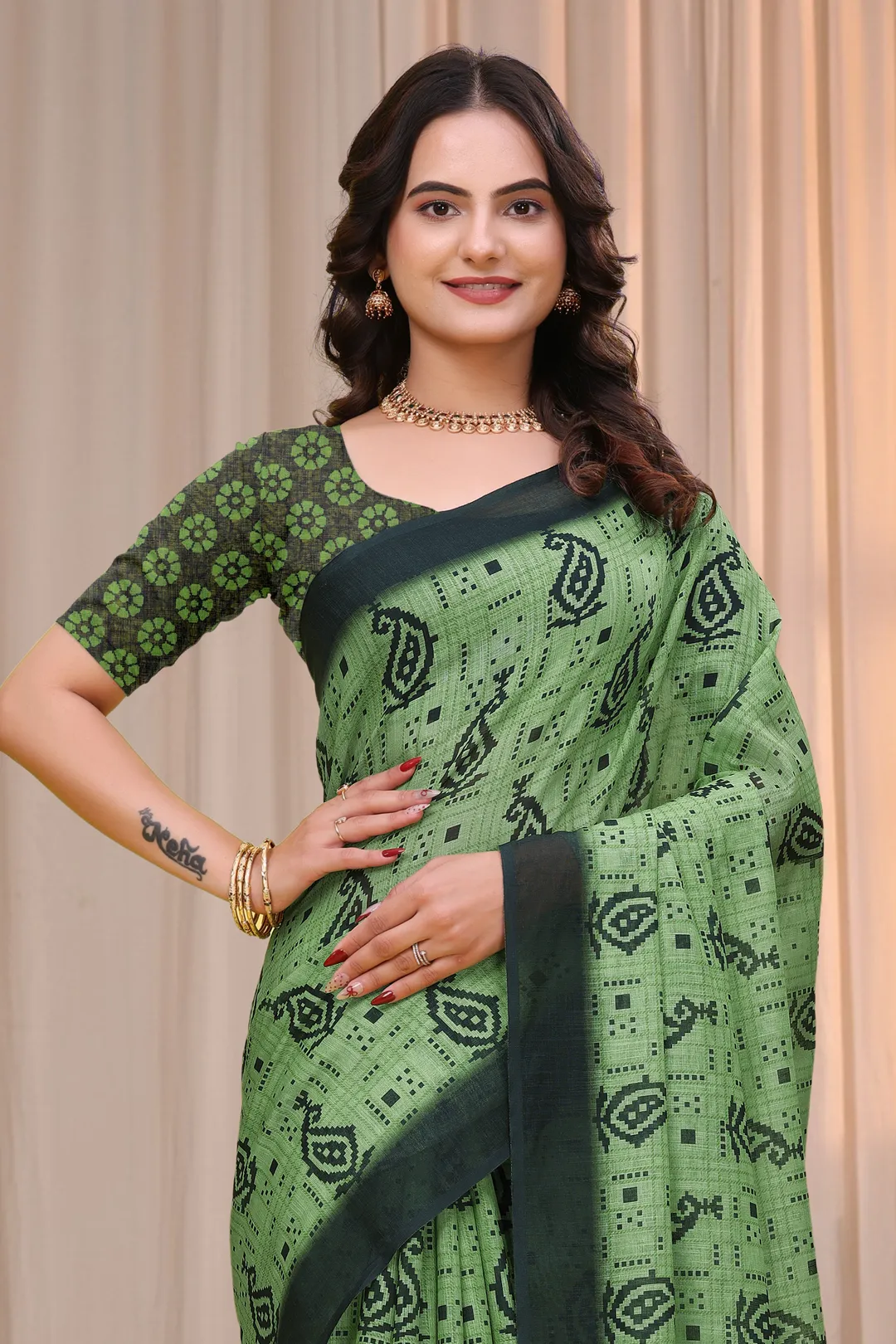 Olive Green Linen Cotton Printed Saree with Dark Border