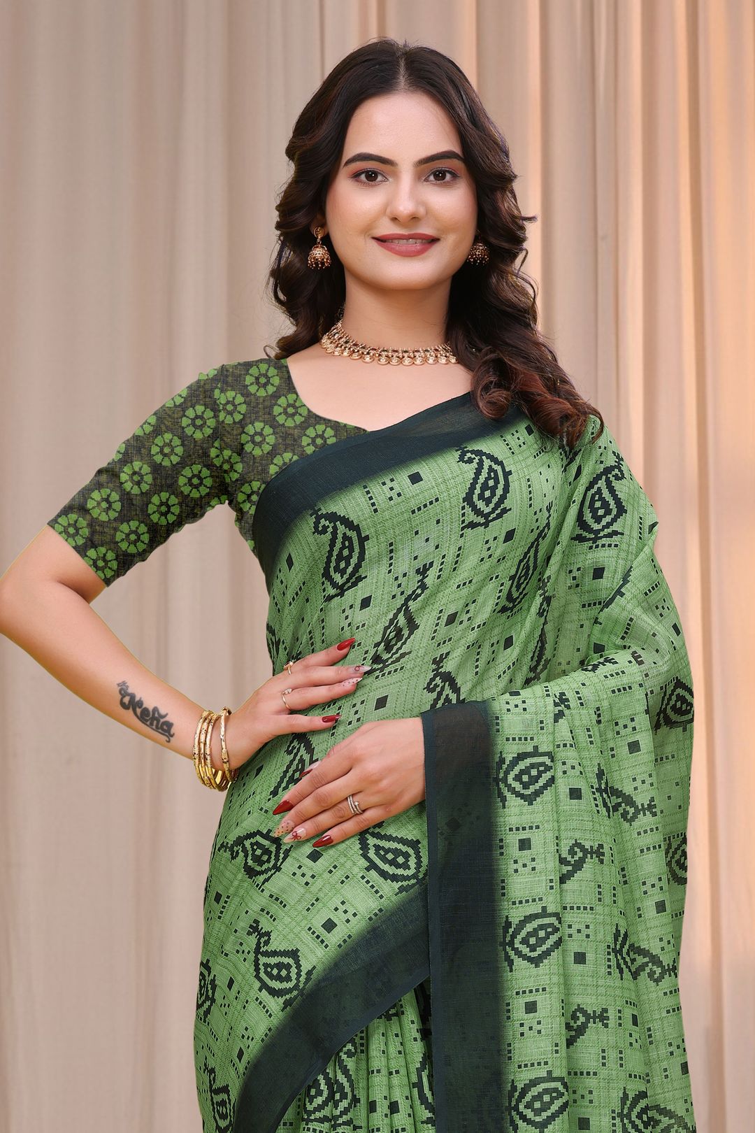 Olive Green Linen Cotton Printed Saree with Dark Border