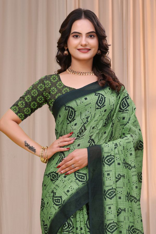 Olive Green Linen Cotton Printed Saree with Dark Border