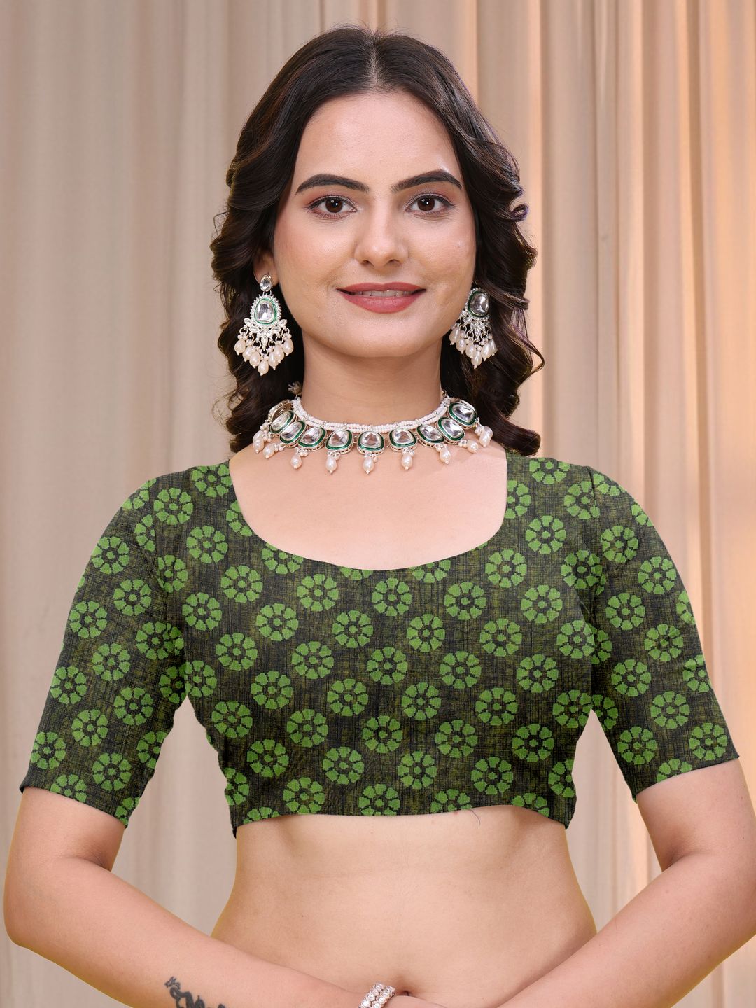 Olive Green Linen Cotton Printed Saree with Dark Border