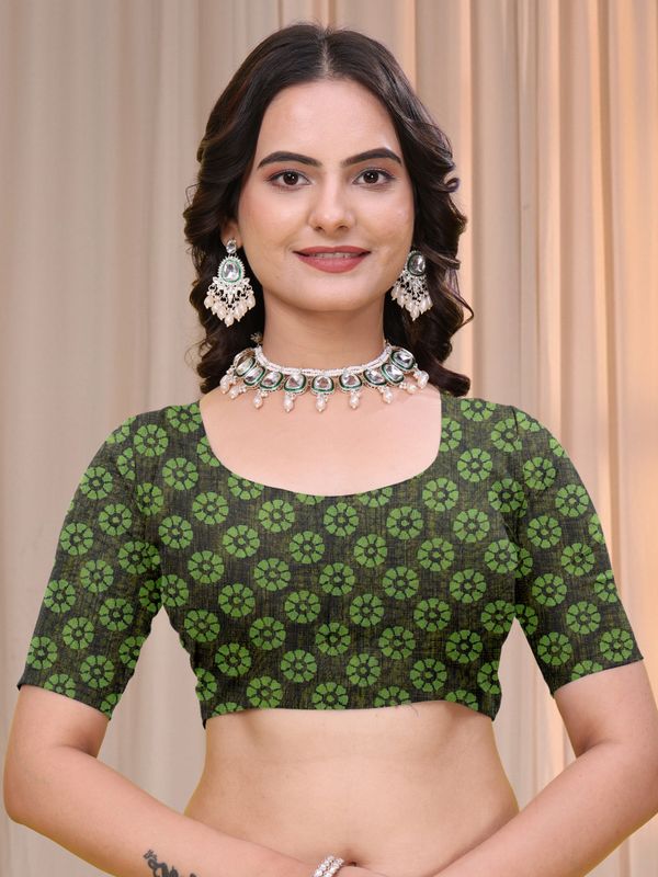 Olive Green Linen Cotton Printed Saree with Dark Border