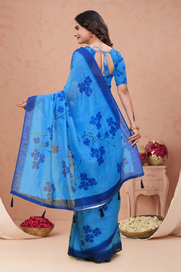 Blue Linen Cotton Floral Print Saree with Plain Dark Border