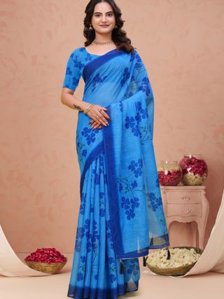 Blue Linen Cotton Floral Print Saree with Plain Dark Border