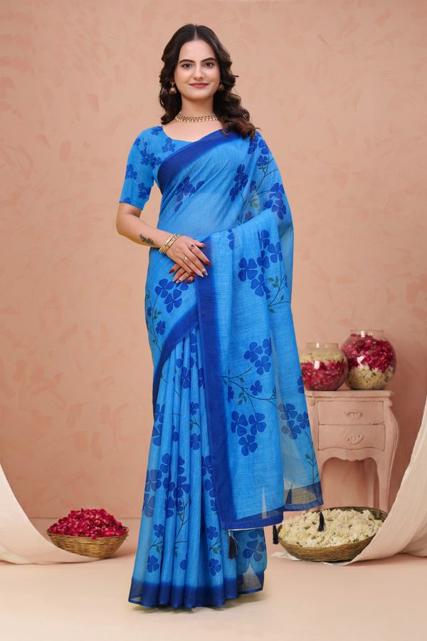 Blue Linen Cotton Floral Print Saree with Plain Dark Border