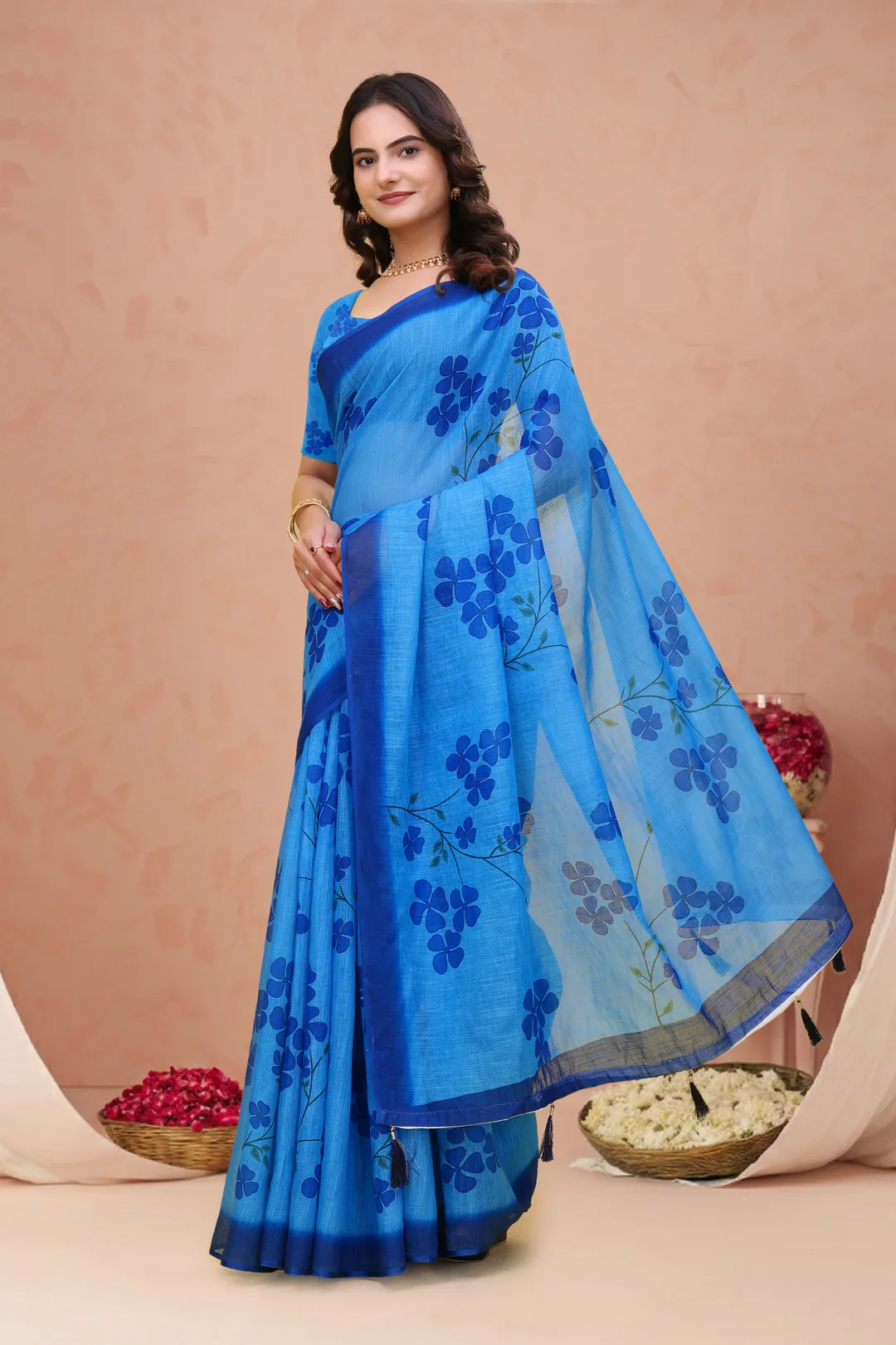 Blue Linen Cotton Floral Print Saree with Plain Dark Border