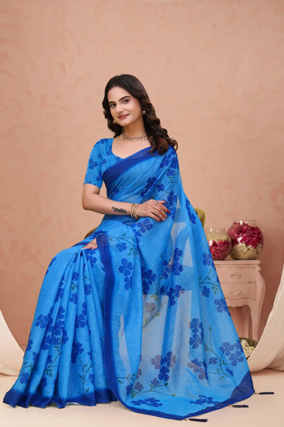 Blue Linen Cotton Floral Print Saree with Plain Dark Border