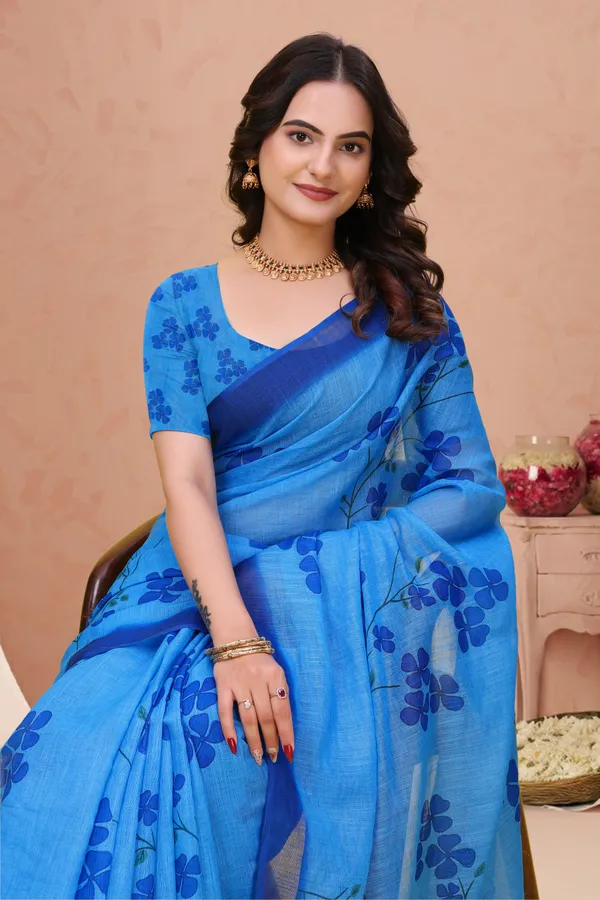 Blue Linen Cotton Floral Print Saree with Plain Dark Border