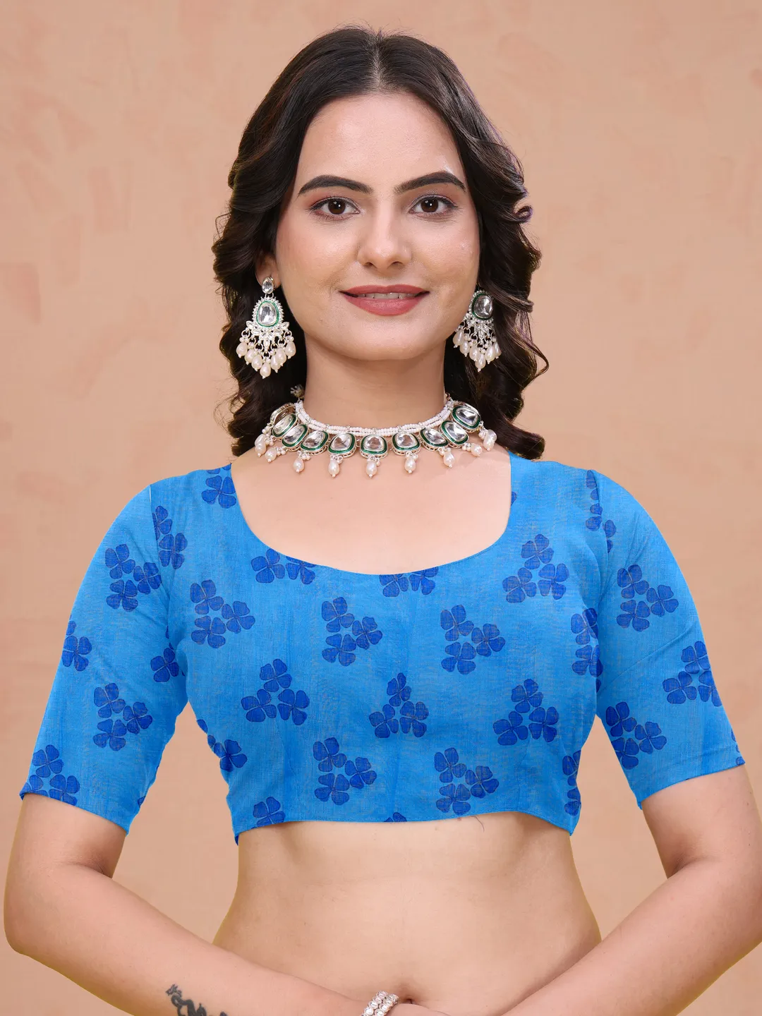 Blue Linen Cotton Floral Print Saree with Plain Dark Border