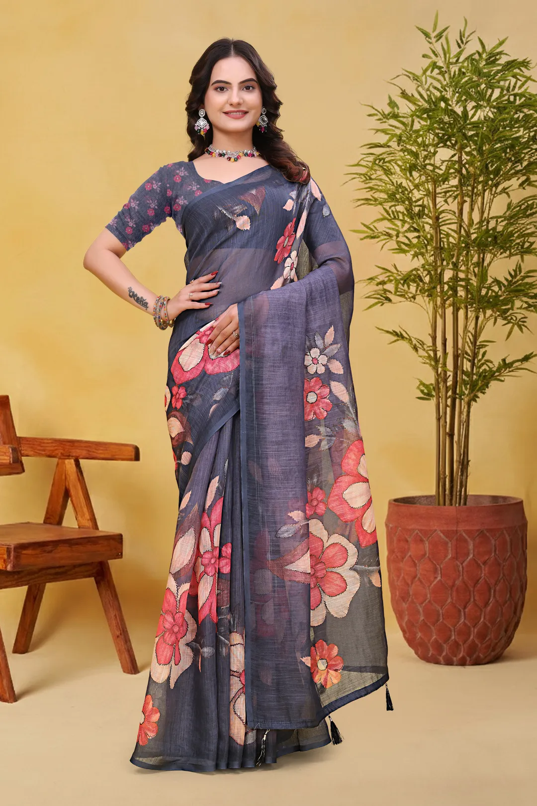 Charcoal Grey Linen Cotton Floral Saree with Printed Border