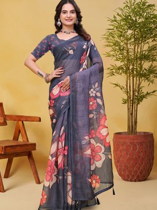 Charcoal Grey Linen Cotton Floral Saree with Printed Border