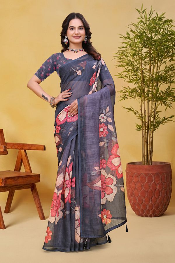 Charcoal Grey Linen Cotton Floral Saree with Printed Border