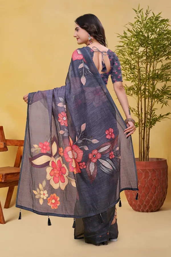 Charcoal Grey Linen Cotton Floral Saree with Printed Border