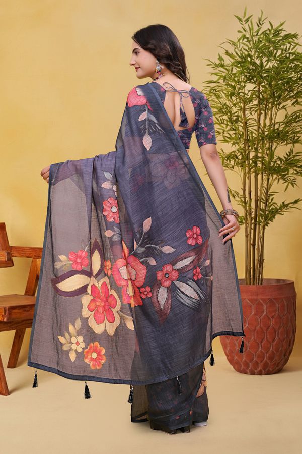 Charcoal Grey Linen Cotton Floral Saree with Printed Border