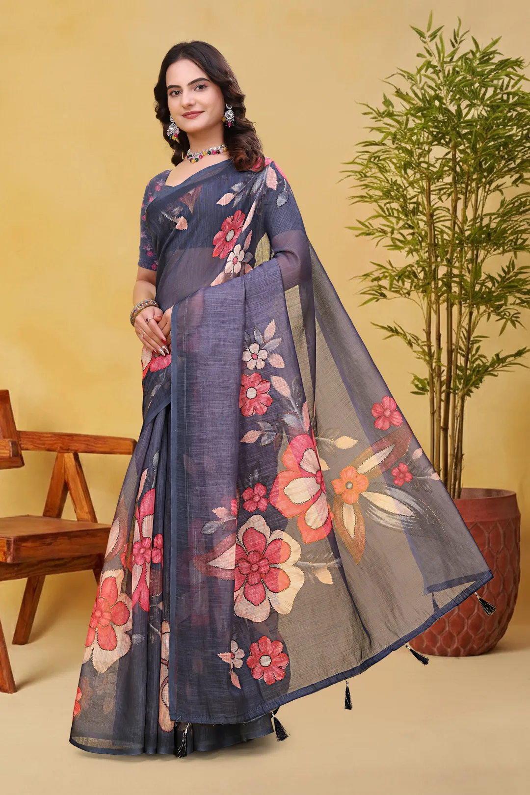 Charcoal Grey Linen Cotton Floral Saree with Printed Border