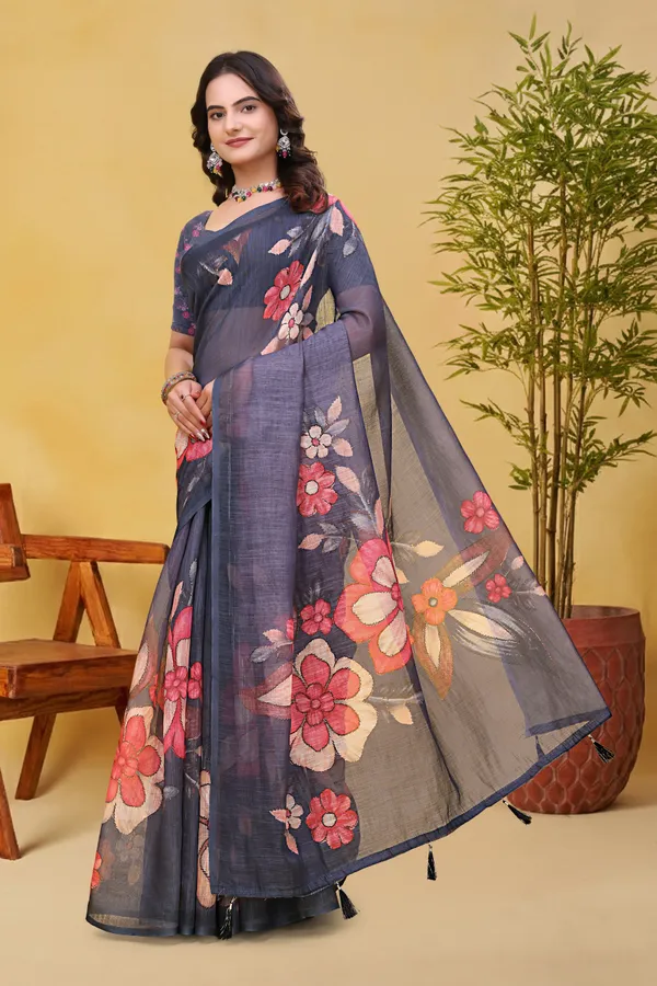 Charcoal Grey Linen Cotton Floral Saree with Printed Border