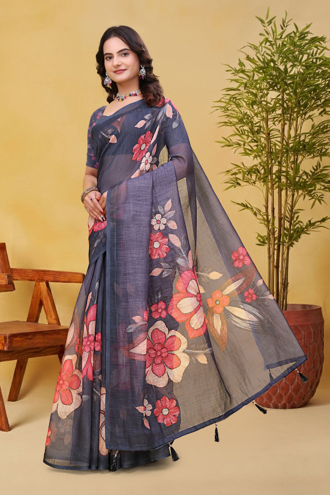 Charcoal Grey Linen Cotton Floral Saree with Printed Border