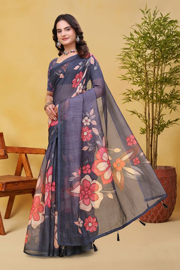 Charcoal Grey Linen Cotton Floral Saree with Printed Border