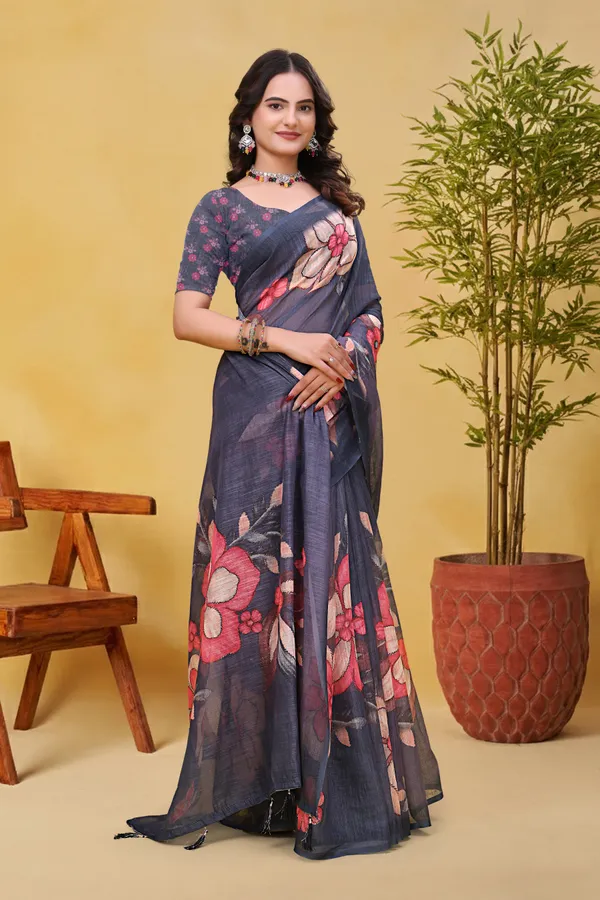 Charcoal Grey Linen Cotton Floral Saree with Printed Border