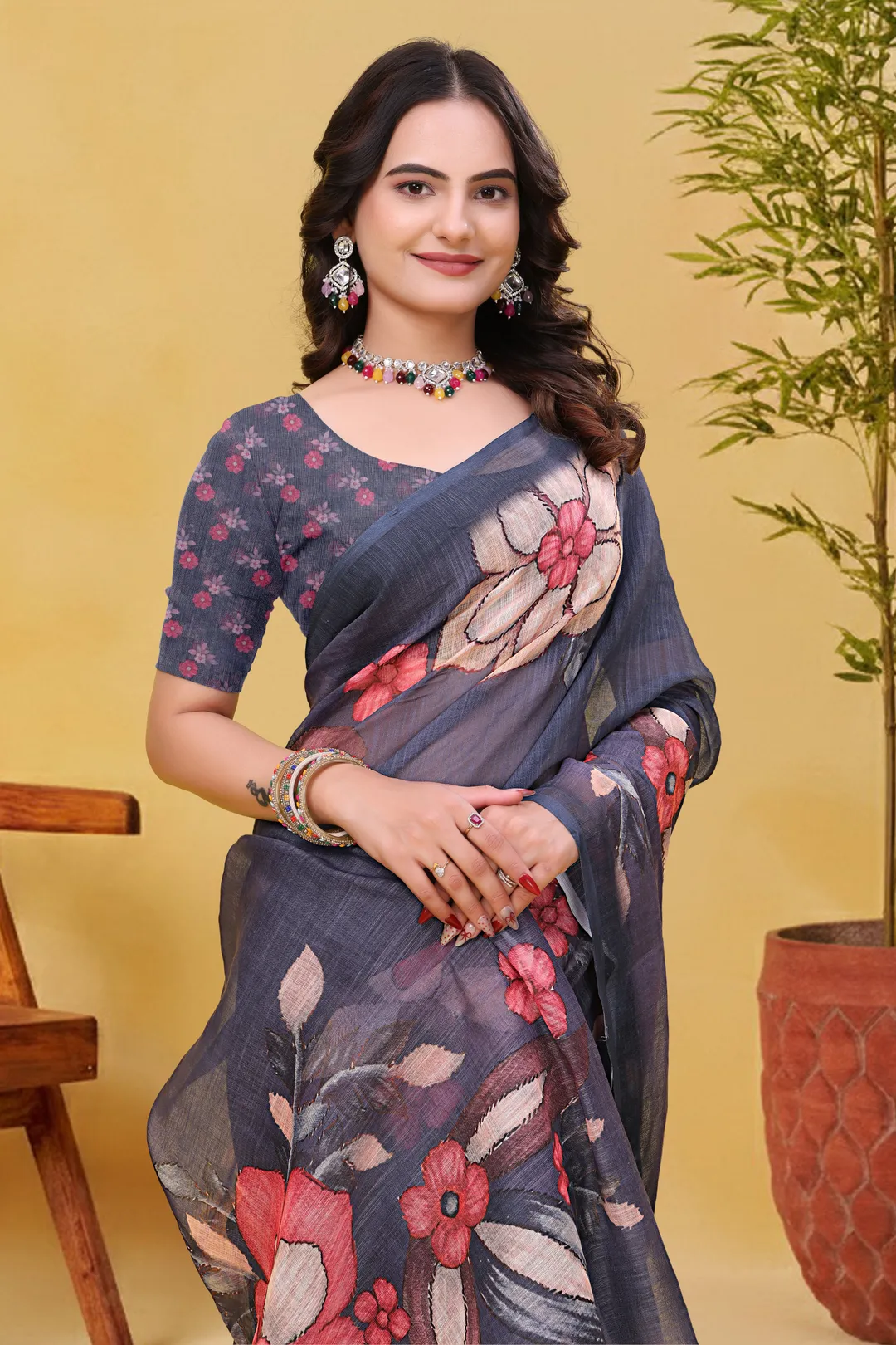 Charcoal Grey Linen Cotton Floral Saree with Printed Border