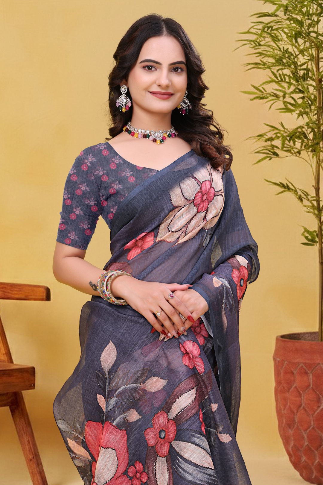 Charcoal Grey Linen Cotton Floral Saree with Printed Border