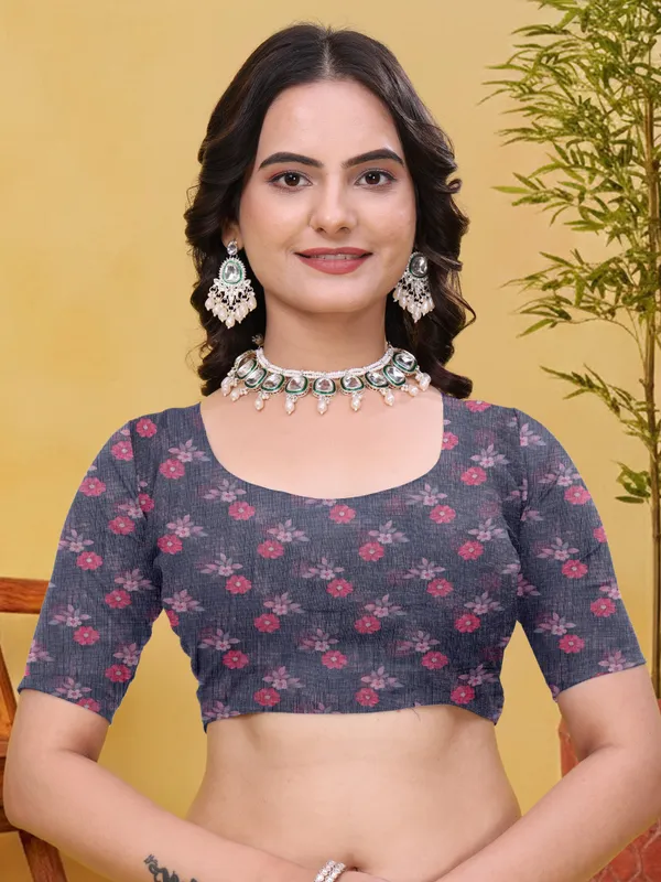 Charcoal Grey Linen Cotton Floral Saree with Printed Border