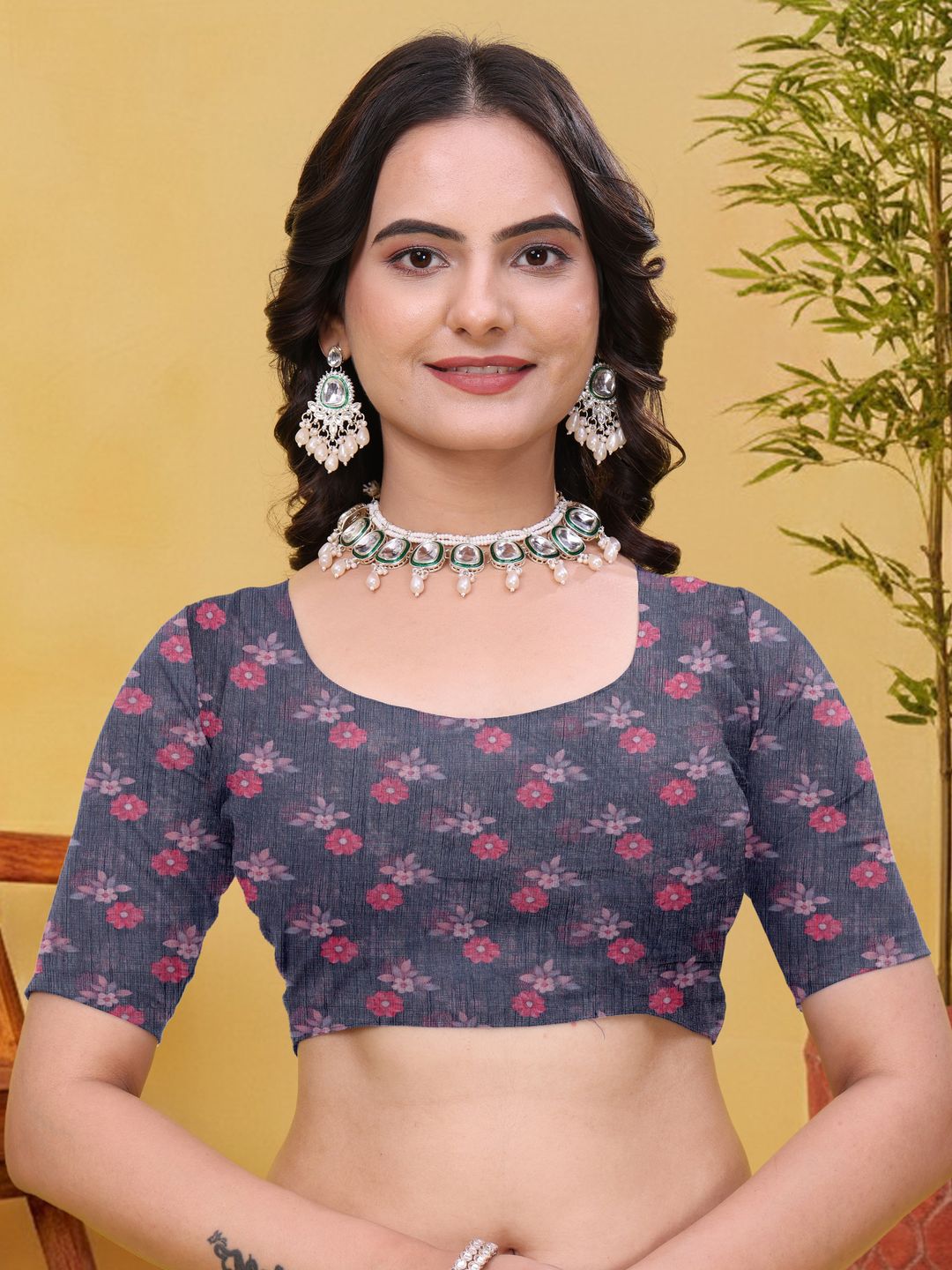 Charcoal Grey Linen Cotton Floral Saree with Printed Border