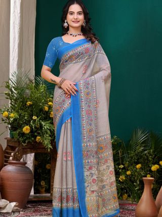 Grey Floral Printed Linen Cotton Saree with Blue Border Art