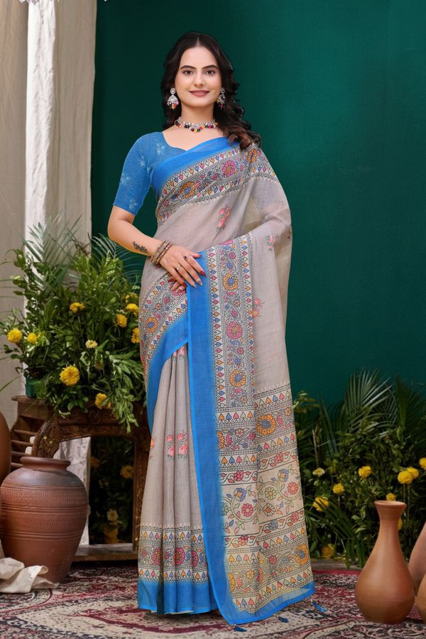 Grey Floral Printed Linen Cotton Saree with Blue Border Art