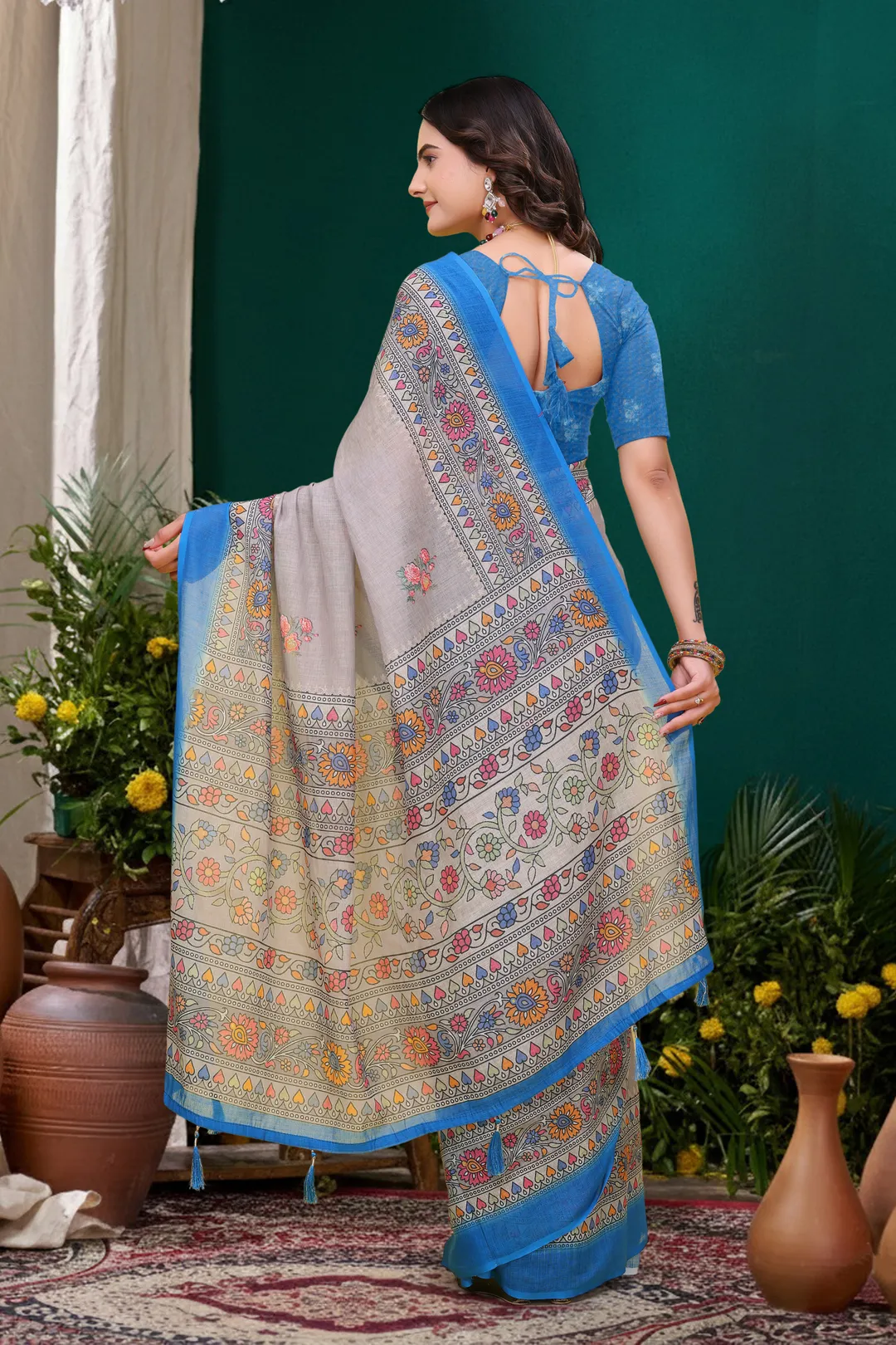 Grey Floral Printed Linen Cotton Saree with Blue Border Art