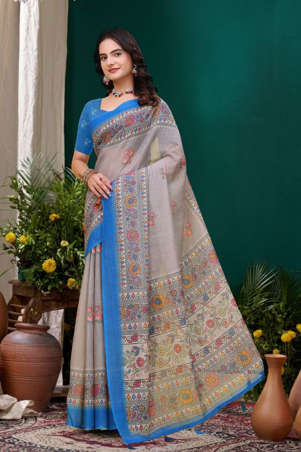 Grey Floral Printed Linen Cotton Saree with Blue Border Art