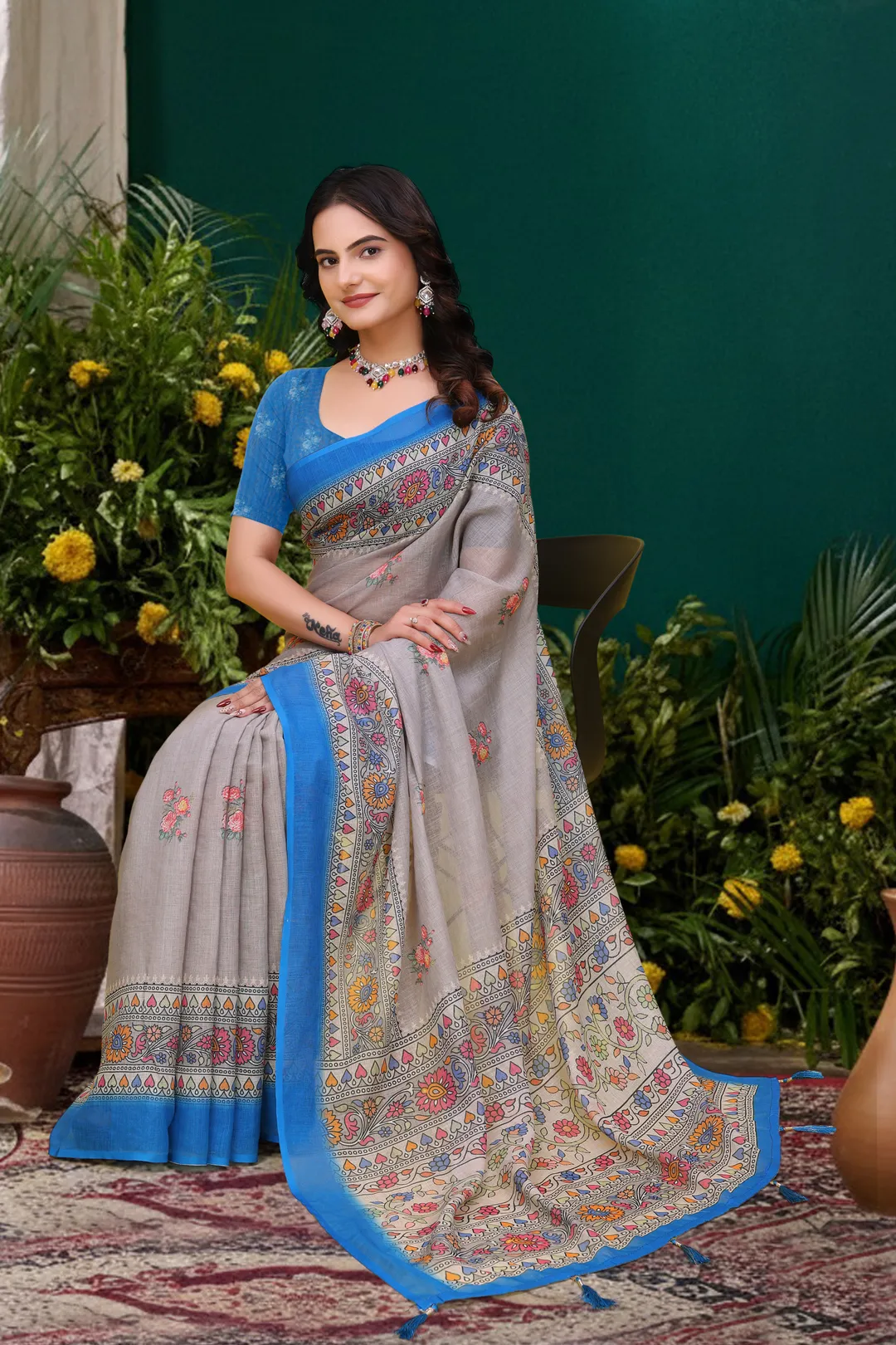 Grey Floral Printed Linen Cotton Saree with Blue Border Art