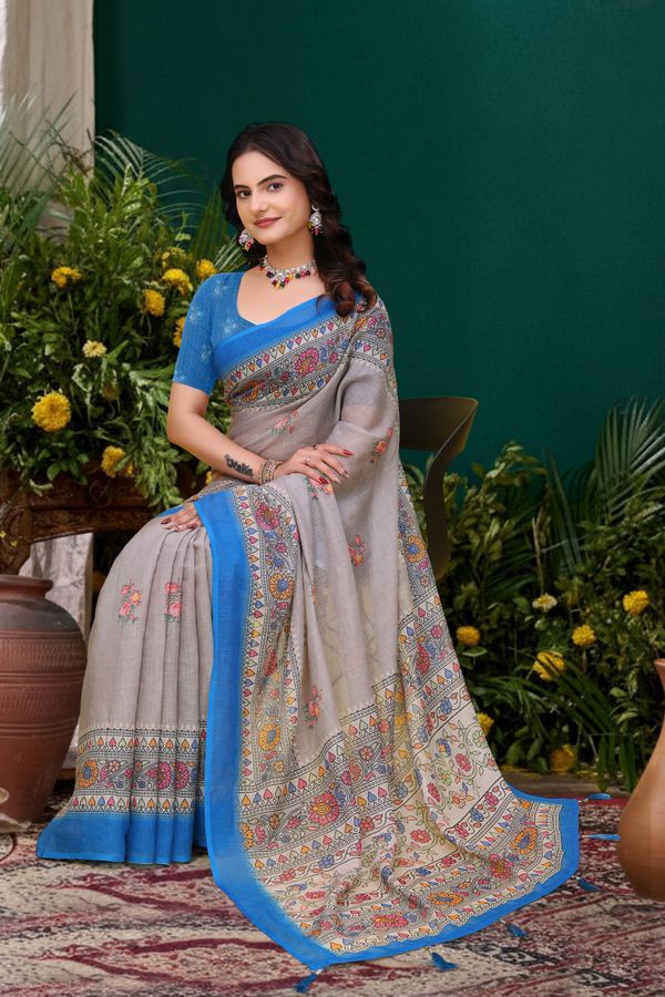 Grey Floral Printed Linen Cotton Saree with Blue Border Art