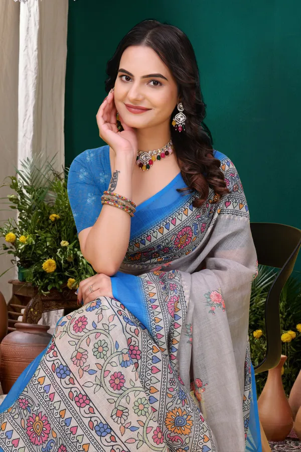 Grey Floral Printed Linen Cotton Saree with Blue Border Art