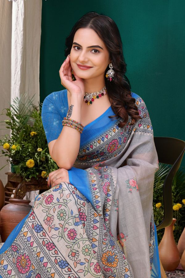 Grey Floral Printed Linen Cotton Saree with Blue Border Art