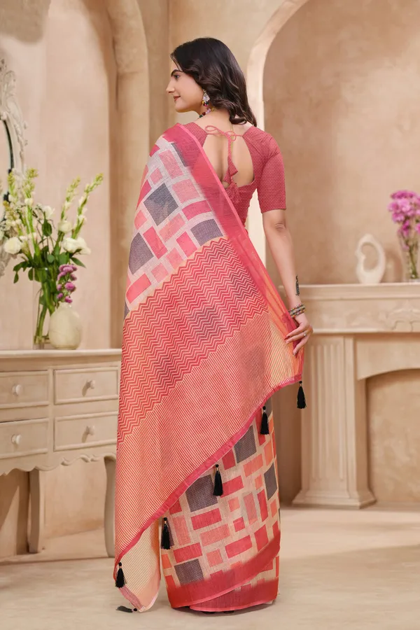 Buy Coral Pink Geometric Printed Linen Cotton Saree Online!