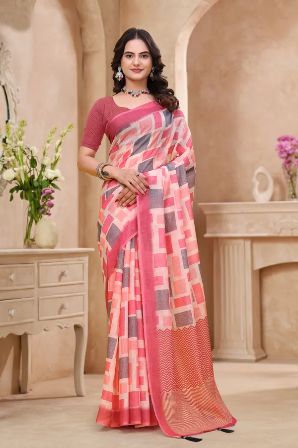 Buy Coral Pink Geometric Printed Linen Cotton Saree Online!