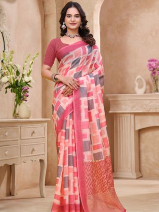 Buy Coral Pink Geometric Printed Linen Cotton Saree Online!