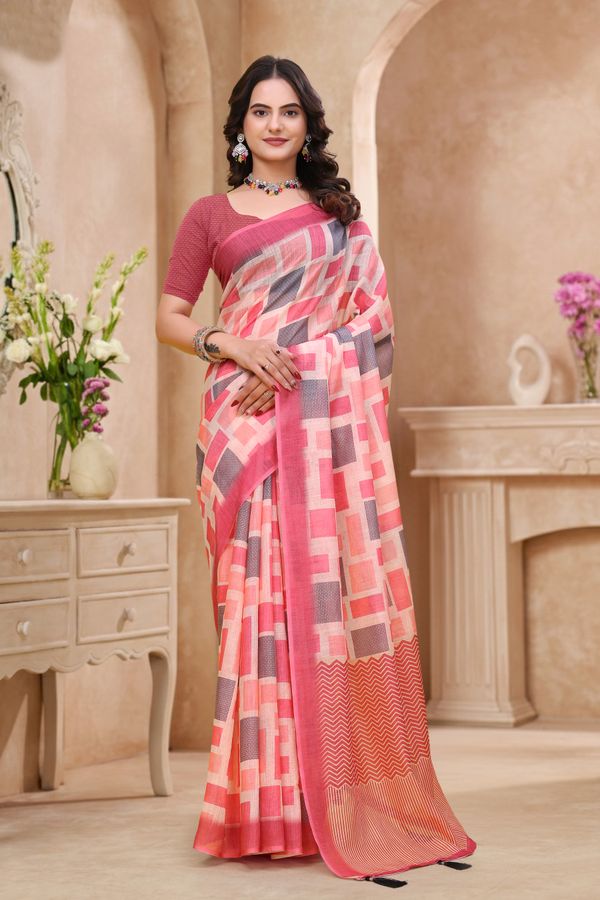Buy Coral Pink Geometric Printed Linen Cotton Saree Online!