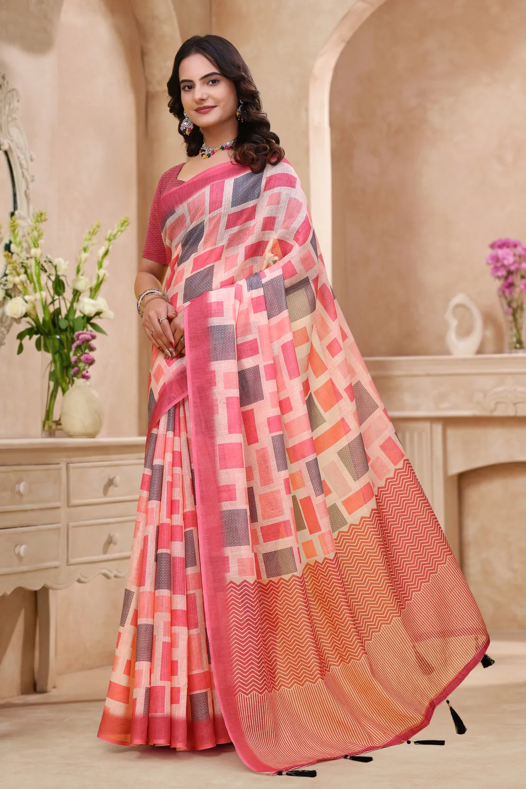 Buy Coral Pink Geometric Printed Linen Cotton Saree Online!